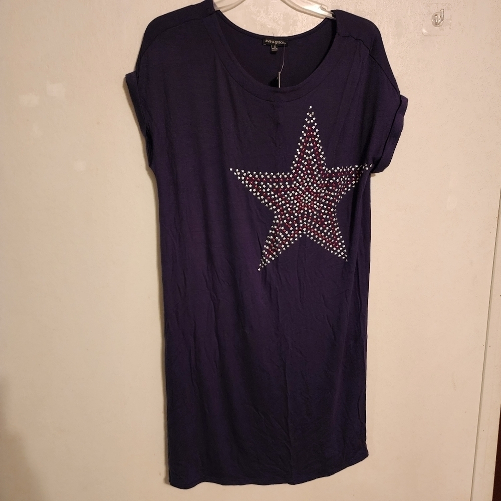 Ava & Grace Short Sleeve Embellished Star Navy Dress Size S NWT